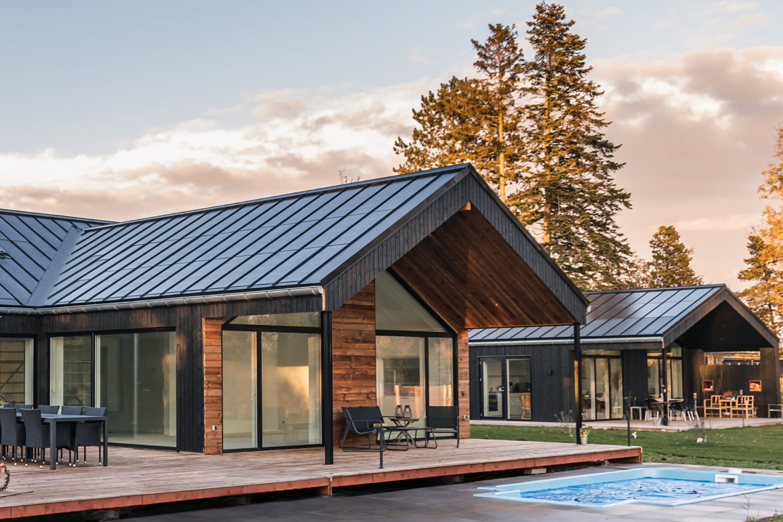 Roofit.Solar integrated metal roof at sunset